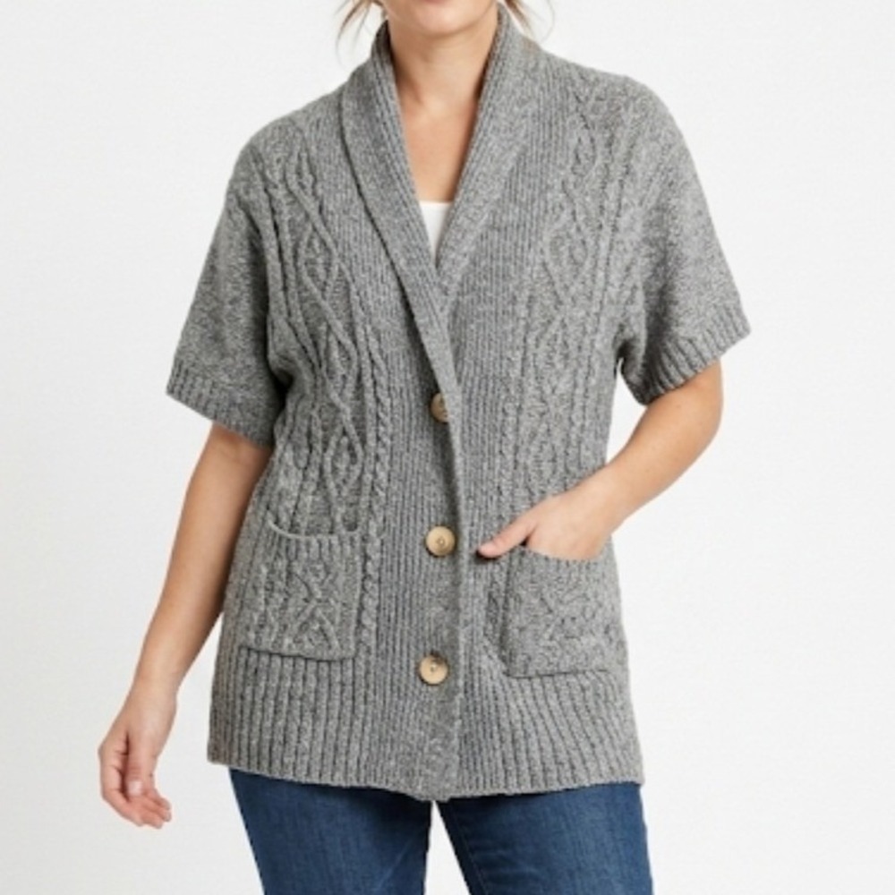 Eddie Bauer Knit Shawl Collar Cardigan Sweater Fisherman Cotton Wool Gray L